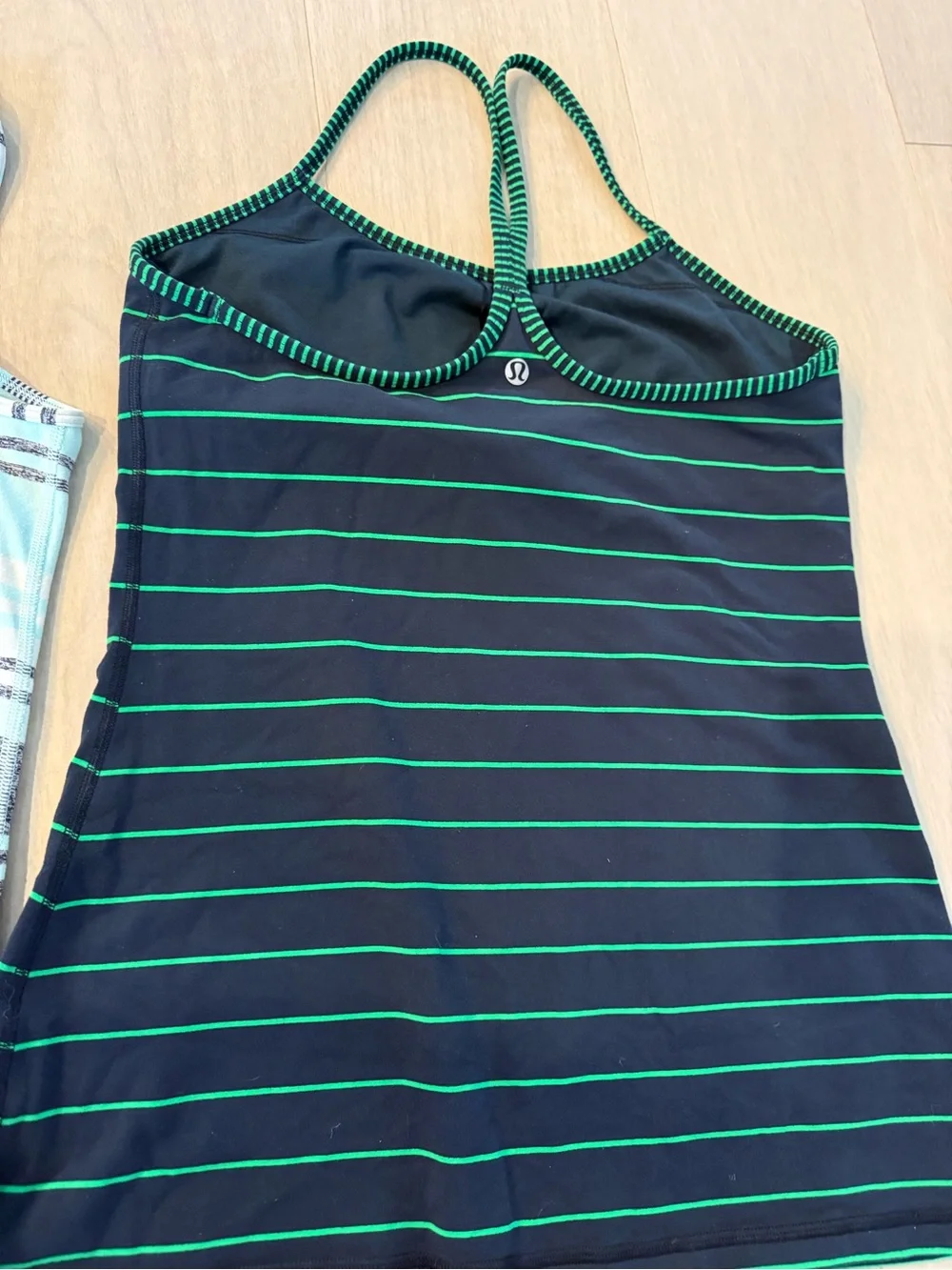 2 Lululemon Athletica Striped Racerback Tank - Light Blue & navy with green
